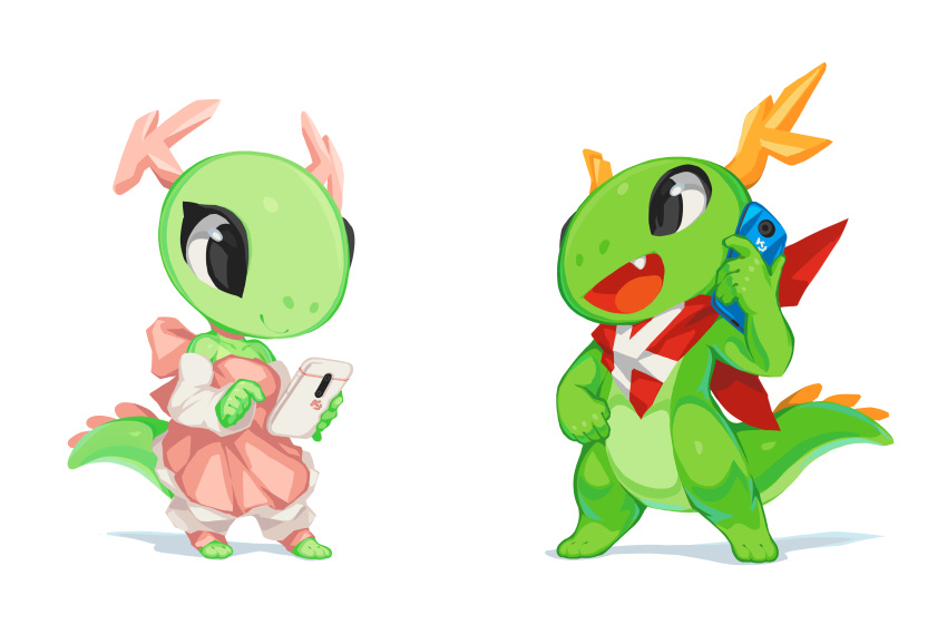 1boy, 1girl, absurdres, antlers, black_eyes, cellphone, chinese_commentary, choker, colored_skin, commentary, dragon, dragon_boy, dragon_horns, dress, english_commentary, full_body, furry, furry_female, furry_male, green_skin, highres, horns, katie_(kde), kde, konqi, krita_(medium), mascot, original, phone, pink_dress, red_scarf, reference_sheet, scarf, simple_background, smartphone, transparent_background, tsurime, tyson_tan