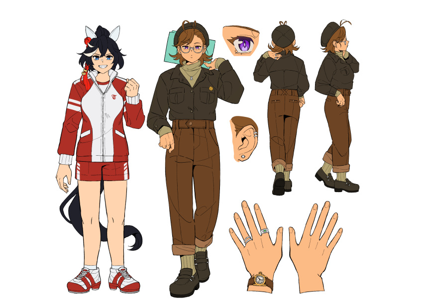 2girls, animal_ears, antenna_hair, arm_at_side, asymmetrical_bangs, beret, black_hair, black_hat