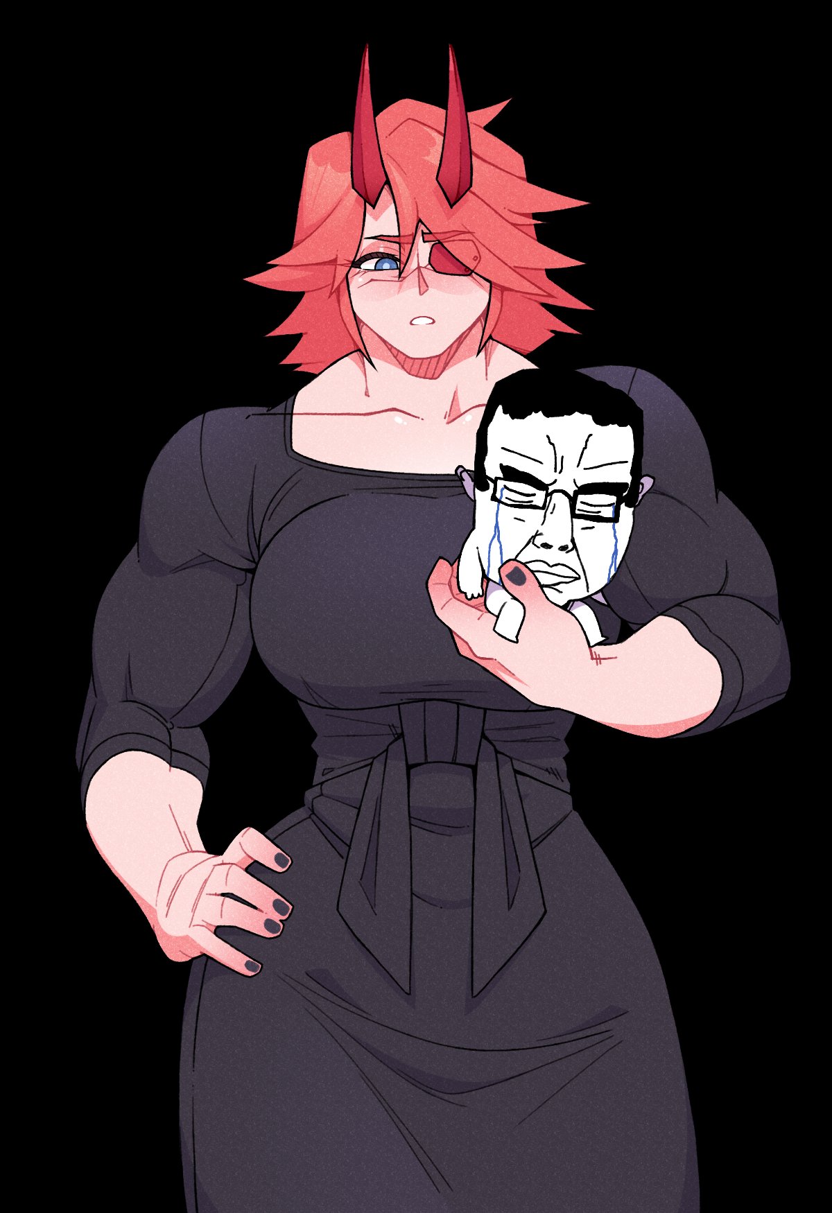 1boy, 1girl, black_background, black_dress, black_nails, blue_eyes, breasts, chudjak