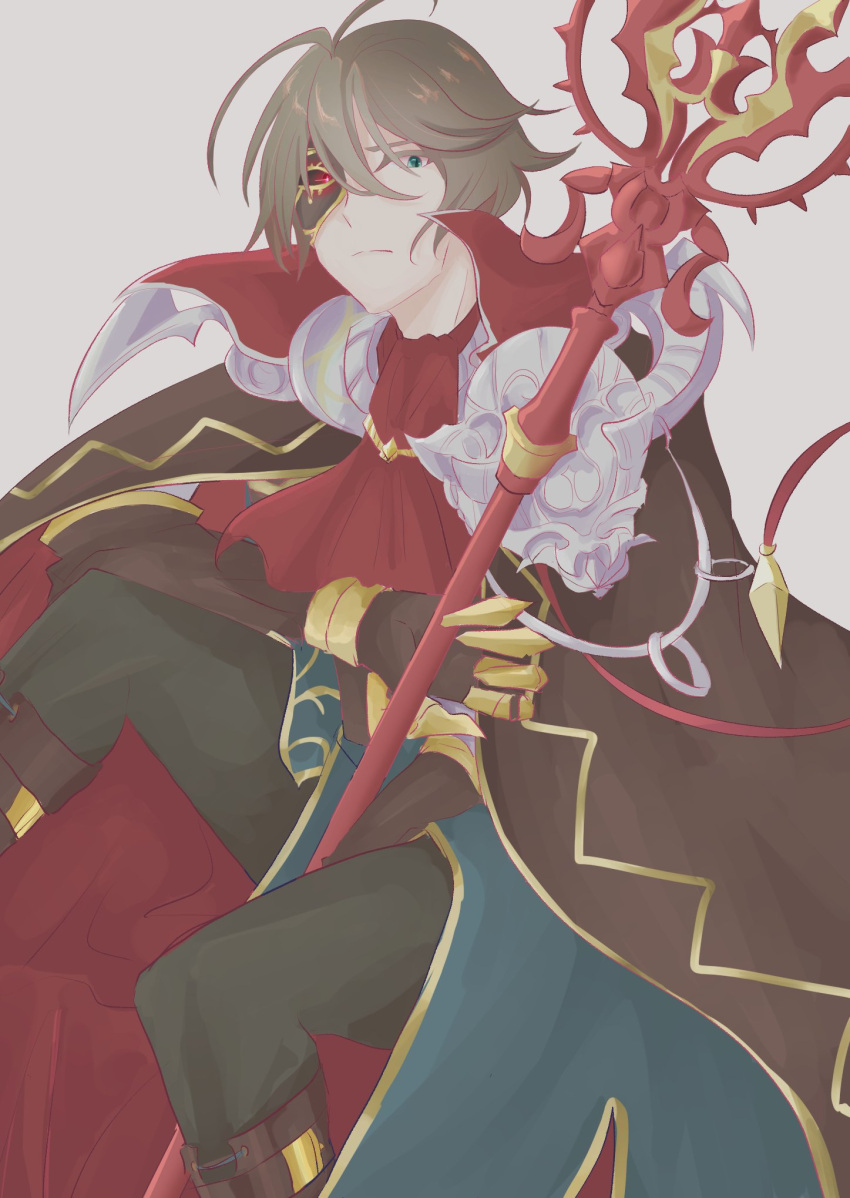 1boy, aqua_eyes, bad_id, bad_twitter_id, bringer_of_disaster_(grimms_notes), brown_cape, brown_gloves, brown_hair, cape, closed_mouth, eye_mask, gloves, grimms_notes, highres, holding, holding_staff, holding_weapon, male_focus, red_eyes, short_hair, simple_background, solo, staff, wakanne_xx, weapon, white_background