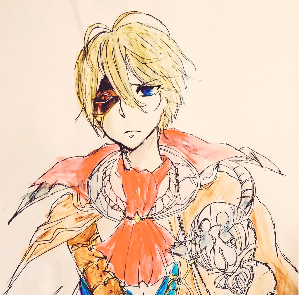 1boy, armor, ascot, belt, blonde_hair, blue_eyes, bringer_of_disaster_(grimms_notes), brown_cape