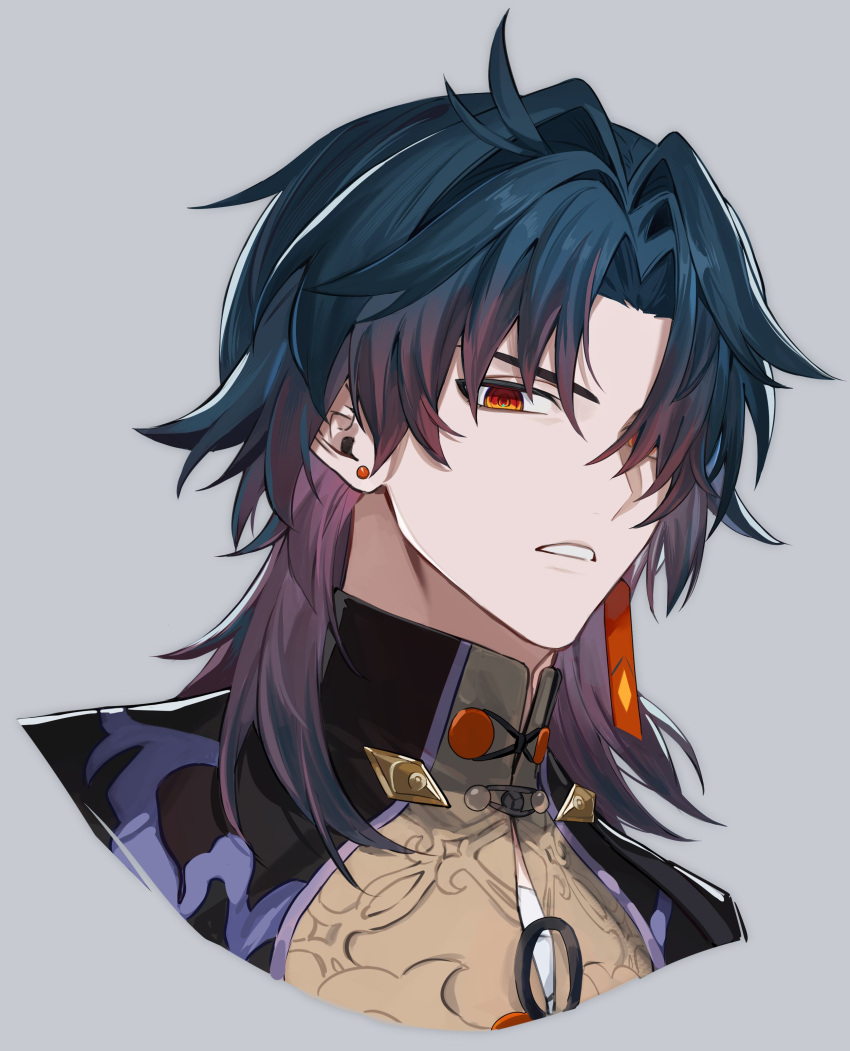 1boy, absurdres, black_coat, black_ribbon, blade_(honkai:_star_rail), blue_hair, buttons, chinese_clothes