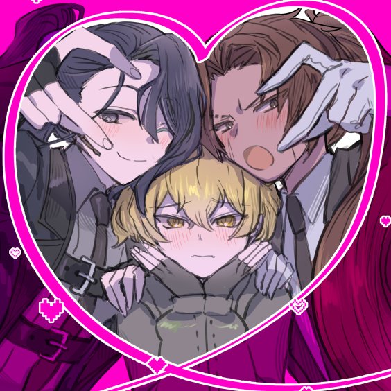 3boys, black_eyes, black_gloves, black_hair, black_jacket, black_necktie, blonde_hair, blush, brown_eyes, brown_hair, closed_mouth, collared_shirt, dark-skinned_male, dark_skin, earpiece, fingerless_gloves, full-stop_office_(identity)_(project_moon), gloves, grey_shirt, heart, heart_hands, heart_hands_trio, heathcliff_(project_moon), hong_lu_(project_moon), jacket, limbus_company, long_hair, looking_at_viewer, male_focus, multiple_boys, necktie, one_eye_closed, open_mouth, ponytail, project_moon, scar, scar_on_face, shirt, sinclair_(project_moon), smile, tkhenpkn, white_gloves, white_shirt, yellow_eyes