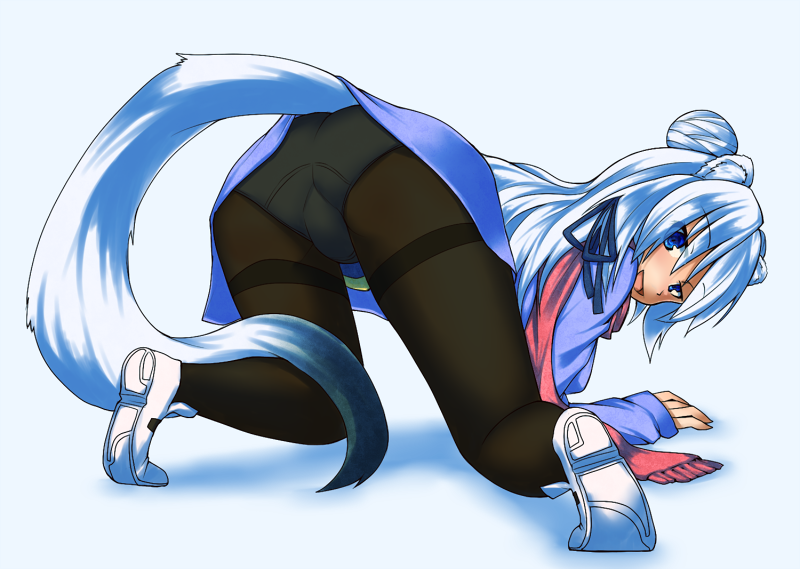 animal_ears, ass, black_legwear, black_panties, black_pantyhose, blue_dress, blue_eyes, dress, from_behind, gijinka, hair_bun, himiya_yuu, kuromiya, long_hair, original, panties, panties_under_pantyhose, pantyhose, personification, scarf, shoes, silver_hair, smile, solo, tail, underwear, upskirt, very_long_hair, white_hair, white_shoes