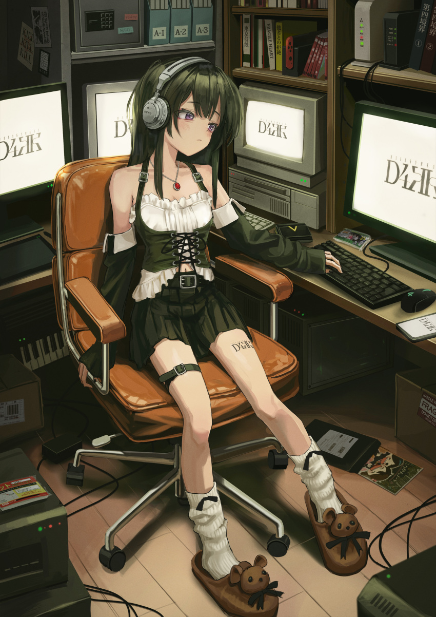 1girl, absurdres, bare_shoulders, belt, belt_buckle, black_belt, black_hair, black_skirt, bodice, book, bookshelf, box, brown_slippers, buckle, cable, cellphone, chair, check_clothing, closed_mouth, clothing_request, collarbone, computer, computer_keyboard, computer_mouse, copyright_request, cross-laced_clothes, detached_sleeves, double-parted_bangs, frills, frown, full_body, gem, gishiki_(gshk), headphones, highres, indoors, instrument, jewelry, keyboard_(instrument), kneehighs, laptop, light_blush, long_hair, long_sleeves, looking_at_screen, loose_socks, miniskirt, monitor, navel, necklace, office_chair, phone, pleated_skirt, red_gemstone, shirt, sitting, skirt, slippers, smartphone, socks, solo, swivel_chair, thigh_strap, violet_eyes, white_shirt, white_socks