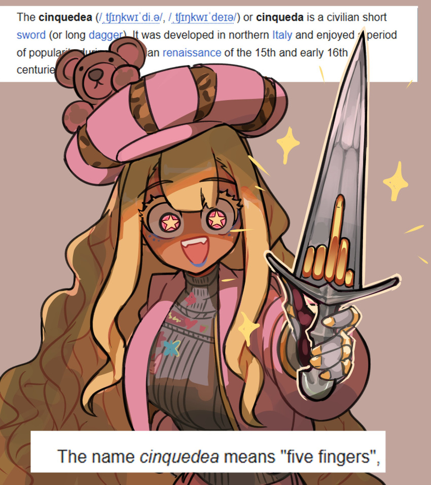 1girl, :d, absurdres, armor, armor_under_clothes, blonde_hair, blue_eyeshadow, blue_lips, breastplate, centurii-chan, chaperon_hat, cinquedea, commentary, dark-skinned_female, dark_skin, english_commentary, english_text, eyeshadow, fangs, gauntlets, grey_background, gyaru, gyaru_landsknecht_(centurii-chan), hat, highres, holding, holding_sword, holding_weapon, jacket, long_hair, makeup, middle_finger, open_mouth, original, pink_jacket, red_eyes, shaded_face, short_sword, simple_background, smile, solo, sparkle, star-shaped_pupils, star_(symbol), stuffed_animal, stuffed_toy, sword, symbol-shaped_pupils, teddy_bear, teeth, upper_teeth_only, wavy_hair, weapon, wikipedia