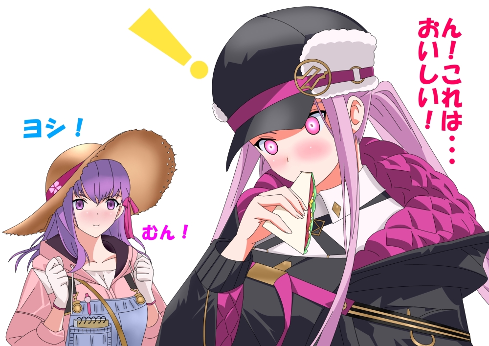 2girls, black_dress, black_hat, black_jacket, breasts, dress, eating, fate/grand_order
