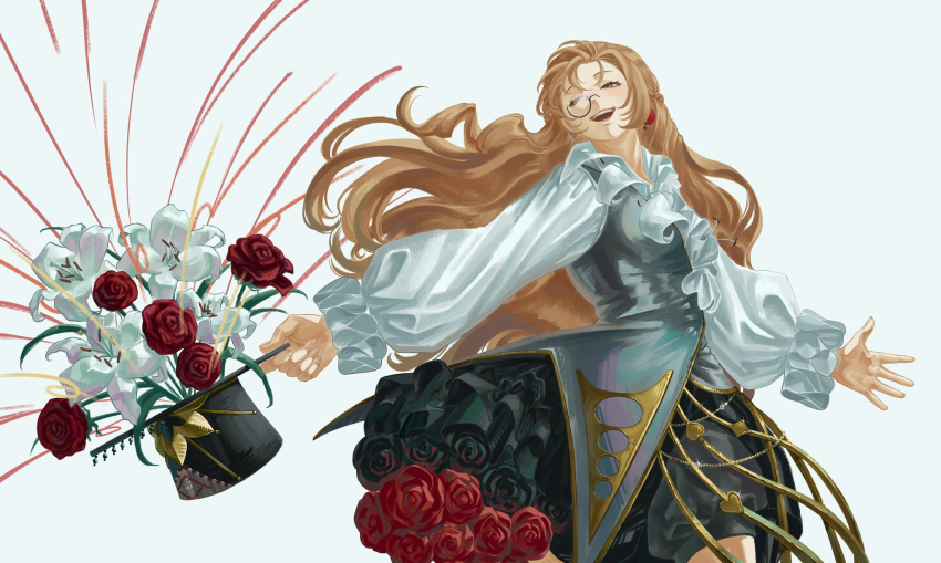 1girl, :d, black_hat, black_overskirt, black_shorts, brown_eyes, brown_hair, cowboy_shot, earrings, flower, frilled_sleeves, frills, grey_vest, half-closed_eyes, hand_up, hat, highres, holding, holding_hat, holding_unworn_clothes, jewelry, khakakaka, lily_(flower), long_hair, long_sleeves, magician, melania_(reverse:1999), monocle, official_alternate_costume, overskirt, puffy_long_sleeves, puffy_sleeves, red_flower, red_rose, reverse:1999, rose, shirt, shorts, smile, solo, teeth, top_hat, unworn_hat, unworn_headwear, upper_teeth_only, vest, white_background, white_flower, white_shirt