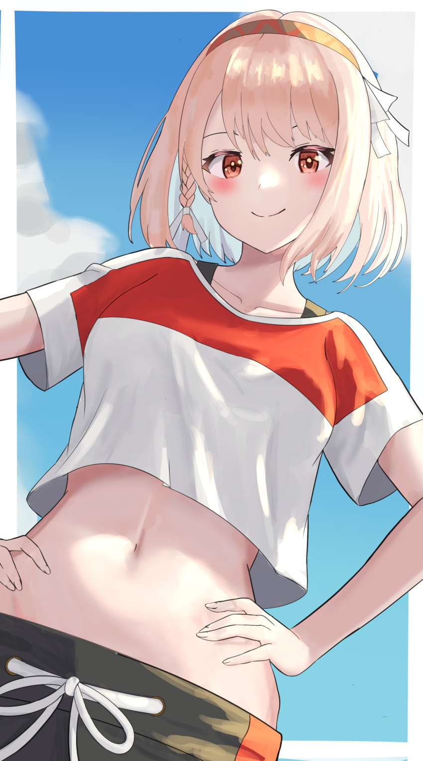 1girl, absurdres, black_shirt, blue_sky, braid, breasts, clouds, crop_top