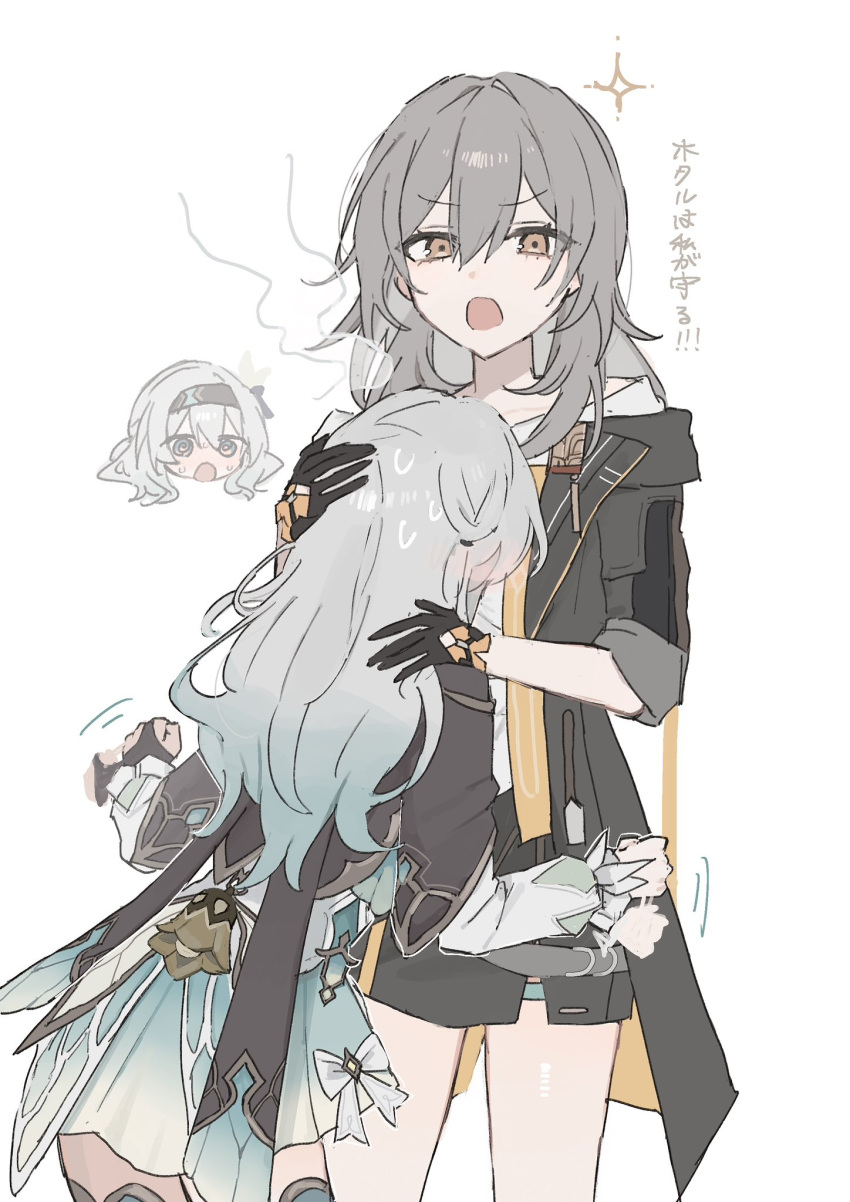 @_@, aqua_dress, bridal_gauntlets, dress, firefly_(honkai:_star_rail), grey_hair, hair_between_eyes, hair_ornament