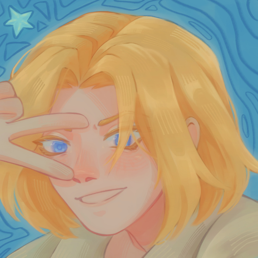 1boy, blonde_hair, blue_background, blue_eyes, harmorii, highres, luke_braveheart, male_focus
