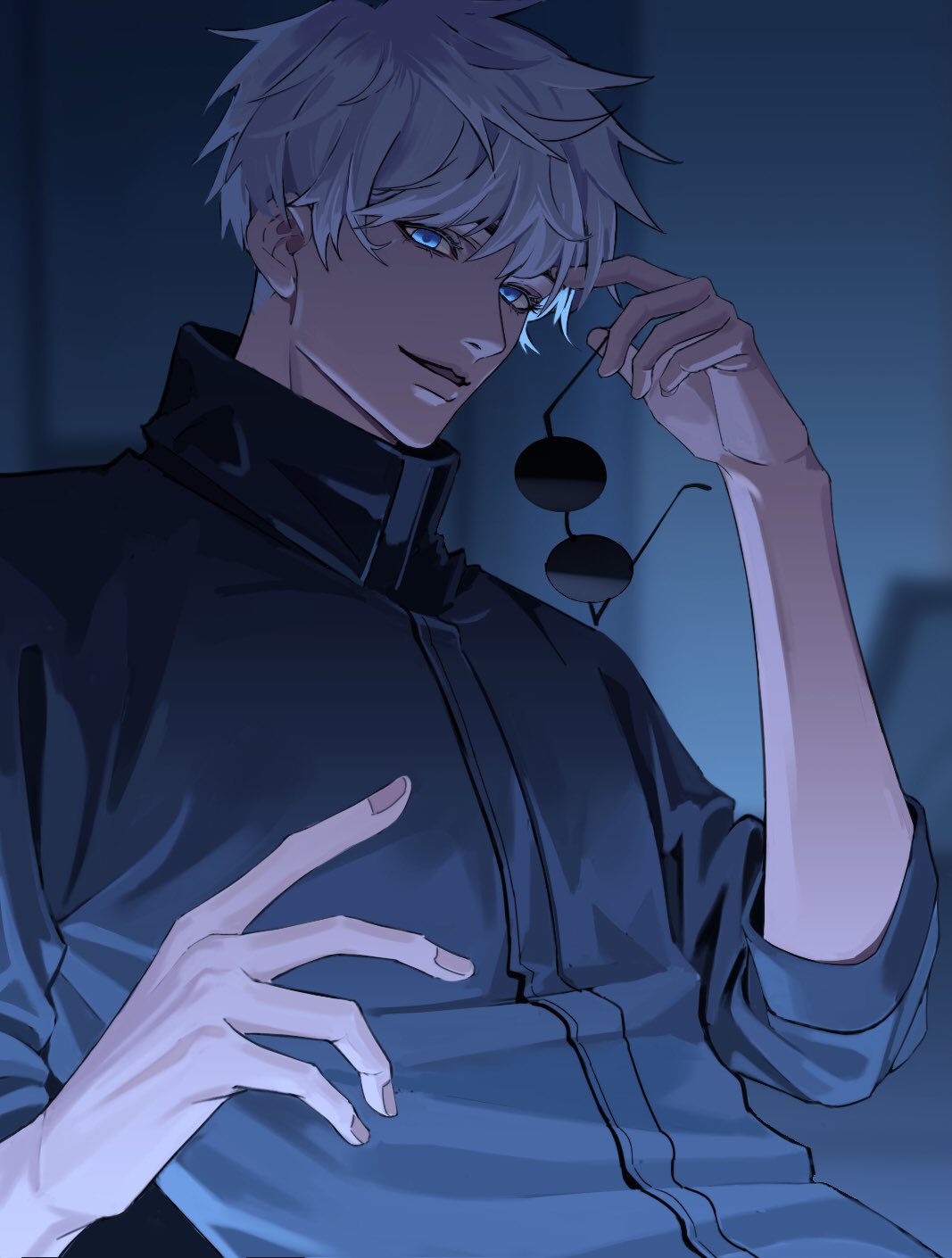 1boy, 2jiao, blue_eyes, gojou_satoru, hashtag-only_commentary, high_collar, highres, holding