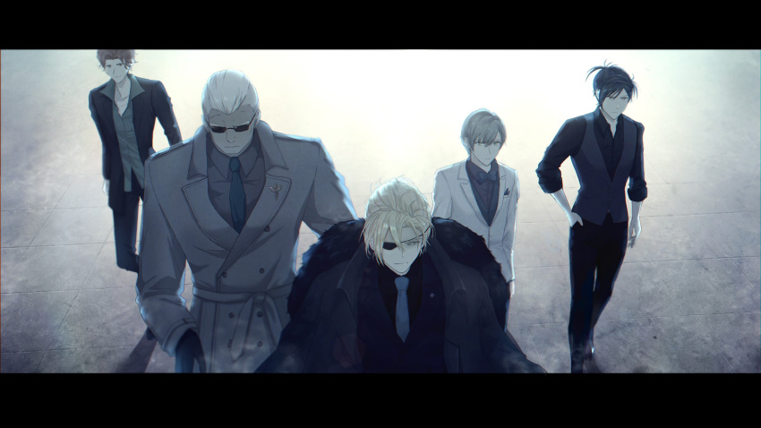 5boys, ashe_ubert, ashe_ubert_(timeskip), black_bow, black_bowtie, black_fur, black_gloves, black_hair, black_shirt, black_vest, blonde_hair, blue_eyes, bow, bowtie, buttons, chinese_commentary, closed_mouth, coat, collared_jacket, collared_shirt, commentary_request, dark-skinned_male, dark_skin, dedue_molinaro, dedue_molinaro_(timeskip), dimitri_alexandre_blaiddyd, dimitri_alexandre_blaiddyd_(timeskip), double-breasted, eyepatch, felix_hugo_fraldarius, felix_hugo_fraldarius_(timeskip), fire_emblem, fire_emblem:_three_houses, formal_clothes, gloves, grey_hair, hair_slicked_back, highres, intyaofe, jacket, lapels, letterboxed, long_sleeves, looking_ahead, male_focus, multiple_boys, necktie, notched_lapels, one_eye_covered, open_collar, orange_hair, parted_bangs, shirt, sleeves_rolled_up, standing, suit_jacket, sunglasses, sylvain_jose_gautier, sylvain_jose_gautier_(timeskip), trench_coat, vest, white_hair, white_jacket, wing_collar