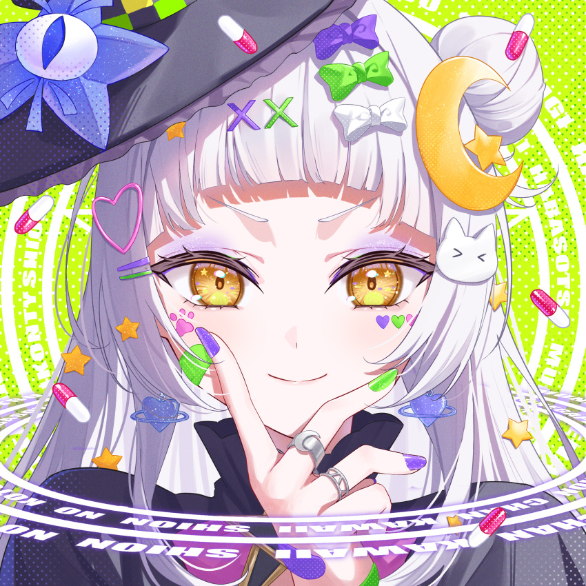 1girl, absurdres, arched_bangs, bandaid, bandaid_on_hand, black_capelet, black_hat, bow
