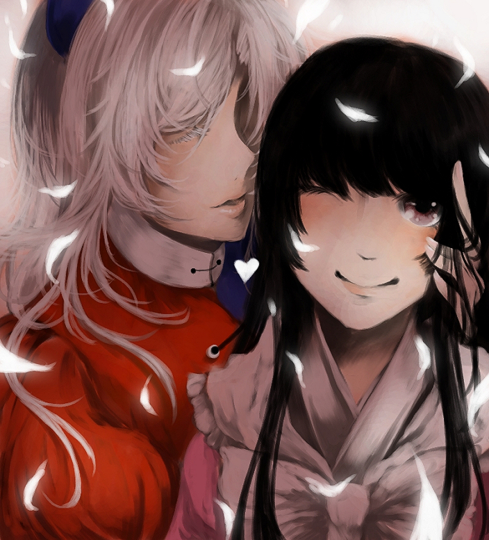 bad_id, black_hair, bust, closed_eyes, coli, collie, eyelashes, eyes_closed, face, feathers, hand_in_hair, heart, houraisan_kaguya, lips, long_hair, multiple_girls, petals, smile, touhou, white_hair, wink, yagokoro_eirin, yuri