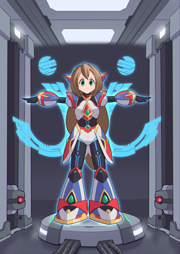 1girl, android, armor, commentary_request, commission, dive_armor_iris_(mega_man), full_body, green_eyes, hologram, hypericum_(mppv1862), iris_(mega_man), long_hair, looking_at_viewer, mega_man_(series), mega_man_x_(series), mega_man_x_dive, skeb_commission, solo, standing, straight-on, t-pose, variant_set, very_long_hair