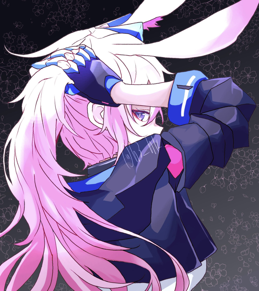 1girl, animal_ears, black_jacket, blue_eyes, bunching_hair, commentary_request, fox_ears, fox_girl, gloves, h3_hk, highres, honkai_(series), honkai_impact_3rd, jacket, long_hair, looking_at_viewer, looking_back, pink_hair, solo, yae_sakura, yae_sakura_(goushinnso_memento)