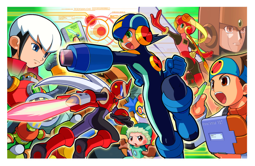 1girl, 6+boys, absurdres, arm_blade, arm_cannon, armor, artist_request, battle_chip