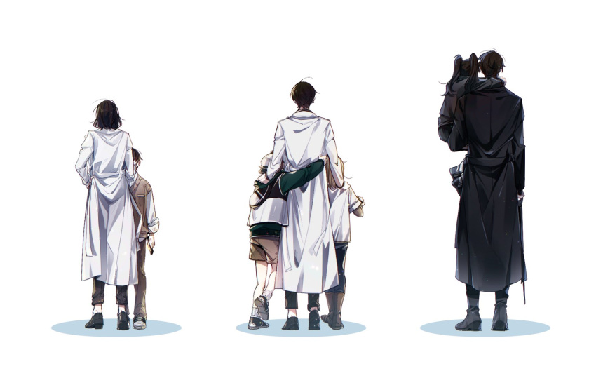 3girls, 4boys, arm_around_waist, black_coat, black_hair, black_pants, black_shoes, blonde_hair