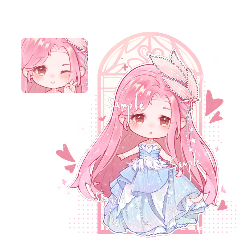 1girl, :o, ayayayai, bare_shoulders, beads, blue_dress, bridal_gauntlets, brown_eyes