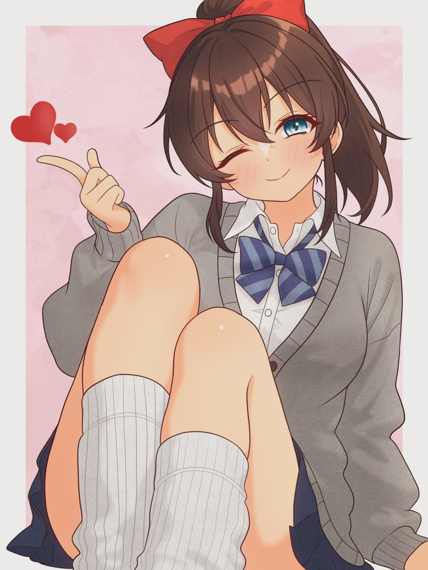 1girl, 82k_mugi, arm_rest, blue_bow, blue_bowtie, blue_eyes, blush, border