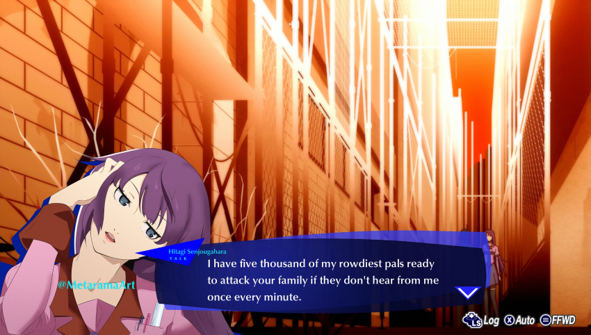 1girl, absurdres, artist_name, bakemonogatari, blue_eyes, building, collared_shirt, dialogue_box