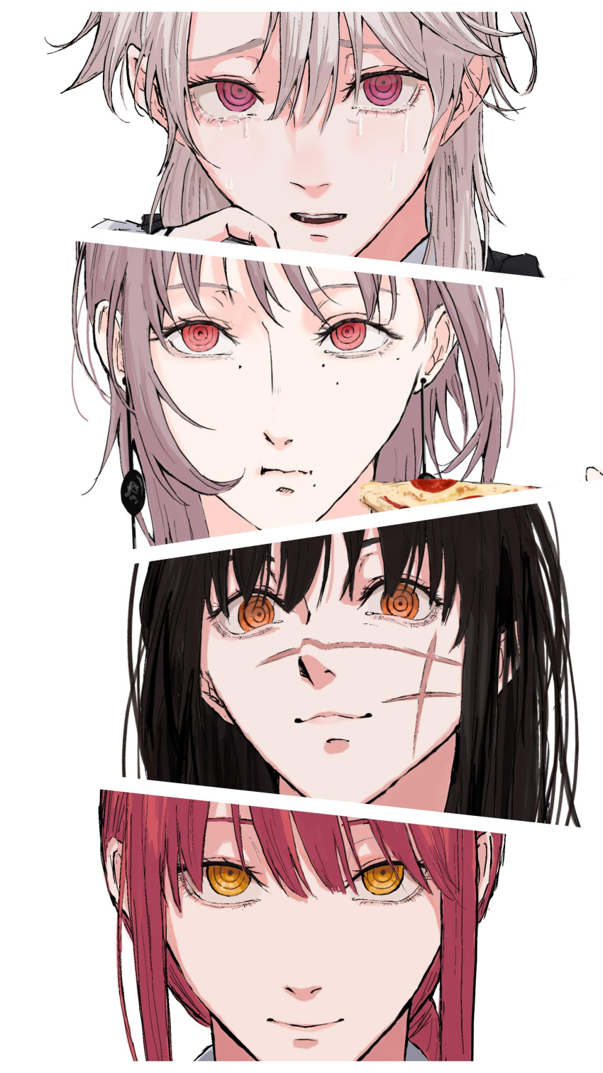 absurdres, chainsaw_man, closed_mouth, earrings, fami_(chainsaw_man), food, highres, holding, holding_food, holding_pizza, jewelry, long_hair, looking_at_viewer, makima_(chainsaw_man), multiple_moles, nabe92213, open_mouth, pizza, pizza_slice, red_eyes, red_hair, ringed_eyes, scar, scar_on_cheek, scar_on_face, scar_on_nose, sidelocks, simple_background, smile, white_background, white_haired_girl_(chainsaw_man), yellow_eyes, yoru_(chainsaw_man)