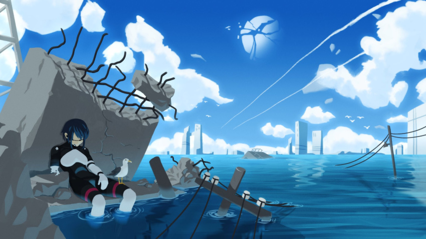 1girl, android, bird, blue_hair, blue_sky, commentary, contrail, day, elster_(signalis), english_commentary, faceless, feet_out_of_frame, highres, missing_limb, nuclearbanan, ocean, outdoors, power_lines, ruins, scenery, seagull, short_hair, signalis, simple_bird, sitting, sky, soaking_feet, solo, utility_pole, water, wide_shot