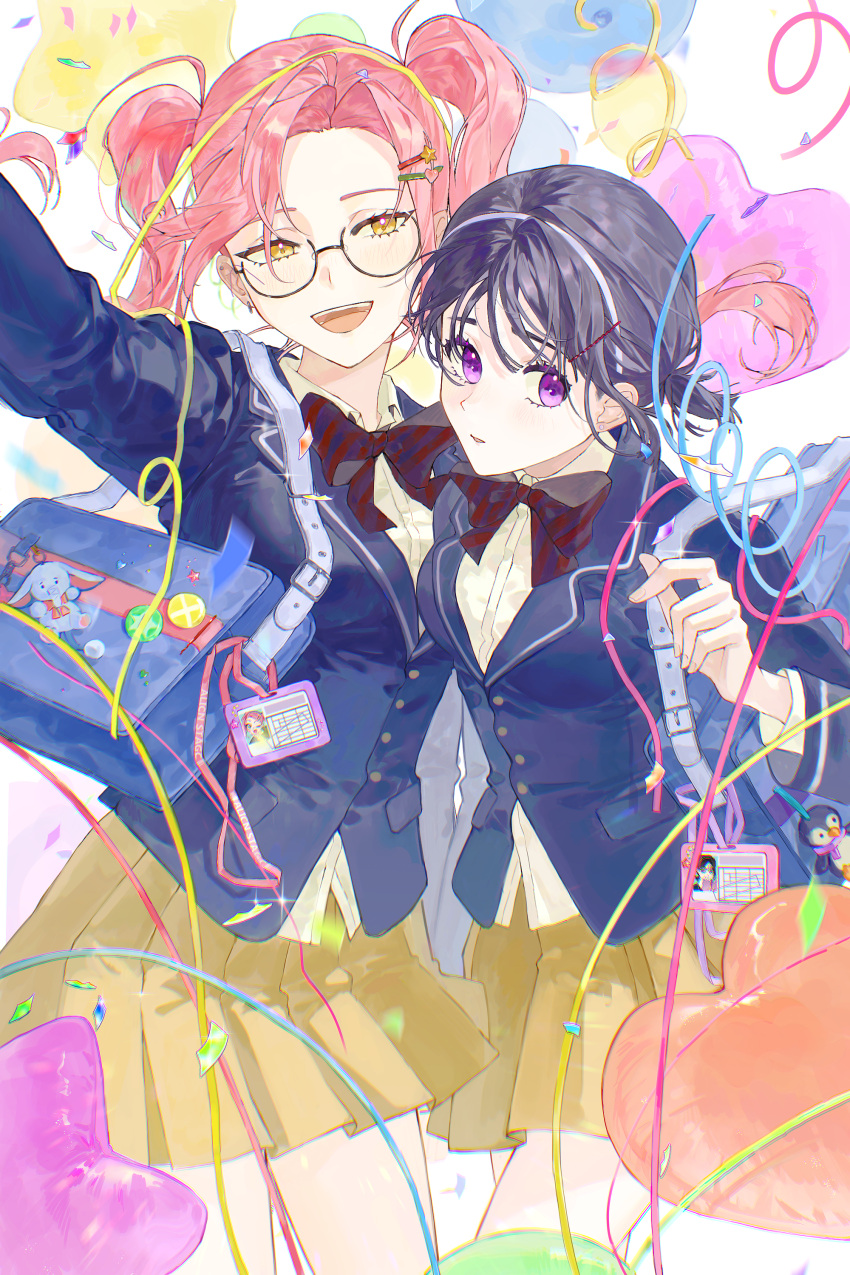 2girls, absurdres, alien_stage, arm_up, black_hair, blue_bag, blue_jacket, bobby_pin
