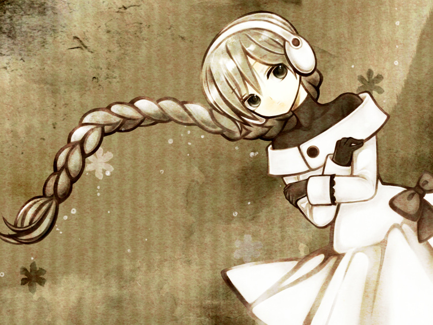1girl, bow, braid, brown_background, brown_theme, closed_mouth, commentary_request, crossed_arms