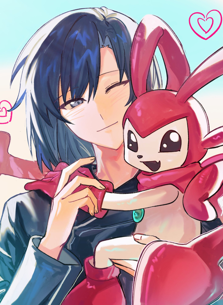 2boys, baimadai_0322, black_eyes, black_hair, black_jacket, blue_background, blush, digimon, digimon_(creature), digimon_adventure_-beyond-, fang, gloves, gradient_background, heart, highres, ichijouji_ken, jacket, male_focus, multiple_boys, one_eye_closed, pucchiemon, red_gloves, simple_background, skin_fang, upper_body