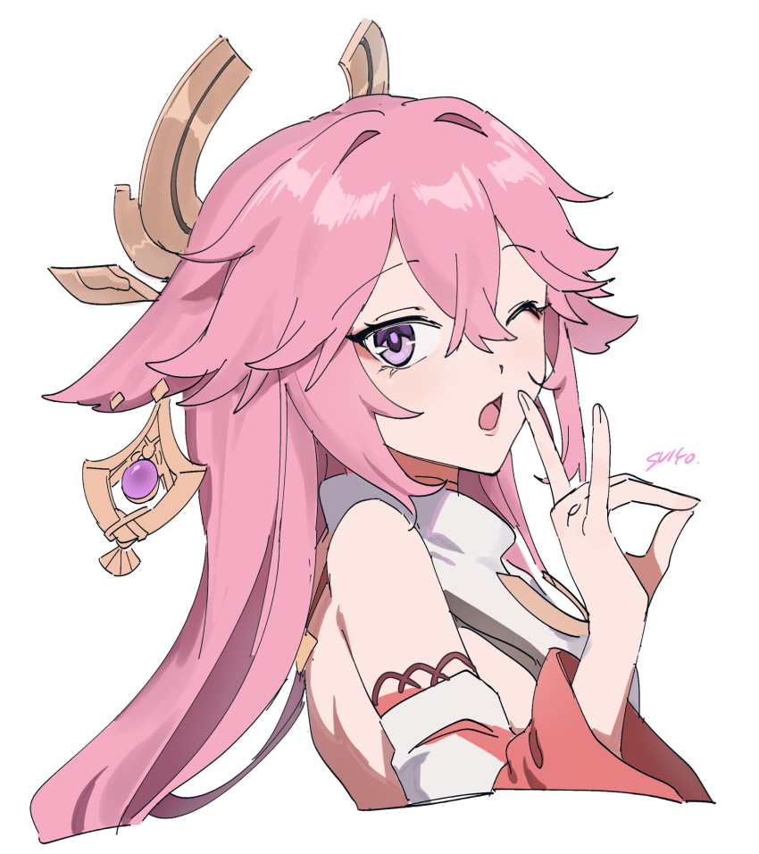 1girl, animal_ears, commentary, cropped_torso, earrings, fox_ears, fox_girl, fox_shadow_puppet