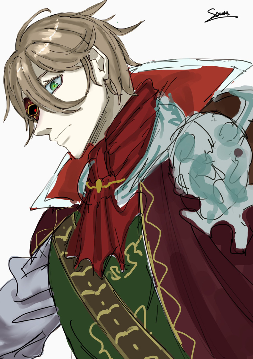 1boy, armor, ascot, bad_id, bad_twitter_id, belt, bringer_of_disaster_(grimms_notes), brown_hair