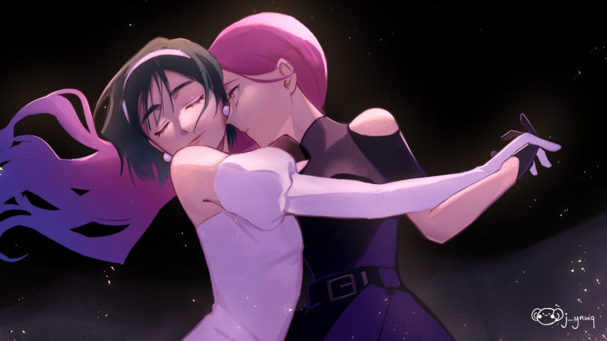 2girls, alien_stage, black_dress, black_hair, closed_eyes, clothing_cutout, commentary, dress