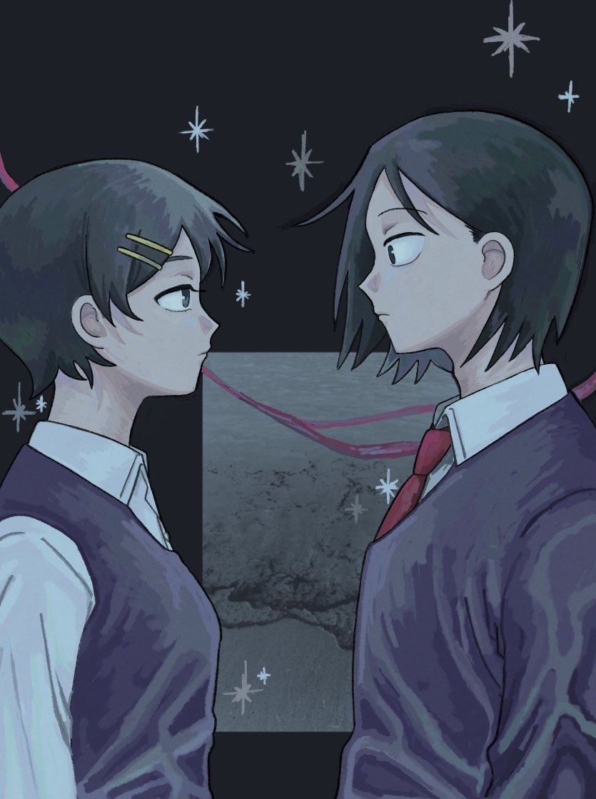 1boy, 1girl, black_background, black_eyes, black_hair, black_sweater, black_sweater_vest, closed_mouth
