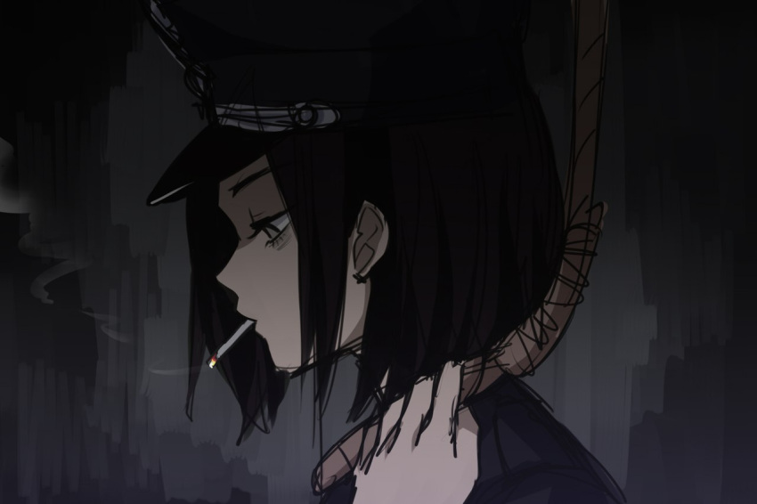 1girl, black_hair, black_jacket, cigarette, collar_tabs, from_side, germany, grey_eyes, hat, holding, holding_rope, imminent_death, imminent_suicide, insignia, jacket, kill-chan, looking_down, military_dress_uniform, military_jacket, military_uniform, narrowed_eyes, nazi, noose, original, peaked_cap, rope, rope_around_neck, saki_(c_ybrbnby), sidelocks, smoke, smoking, ss_uniform, suicide, waffen-ss, world_war_ii