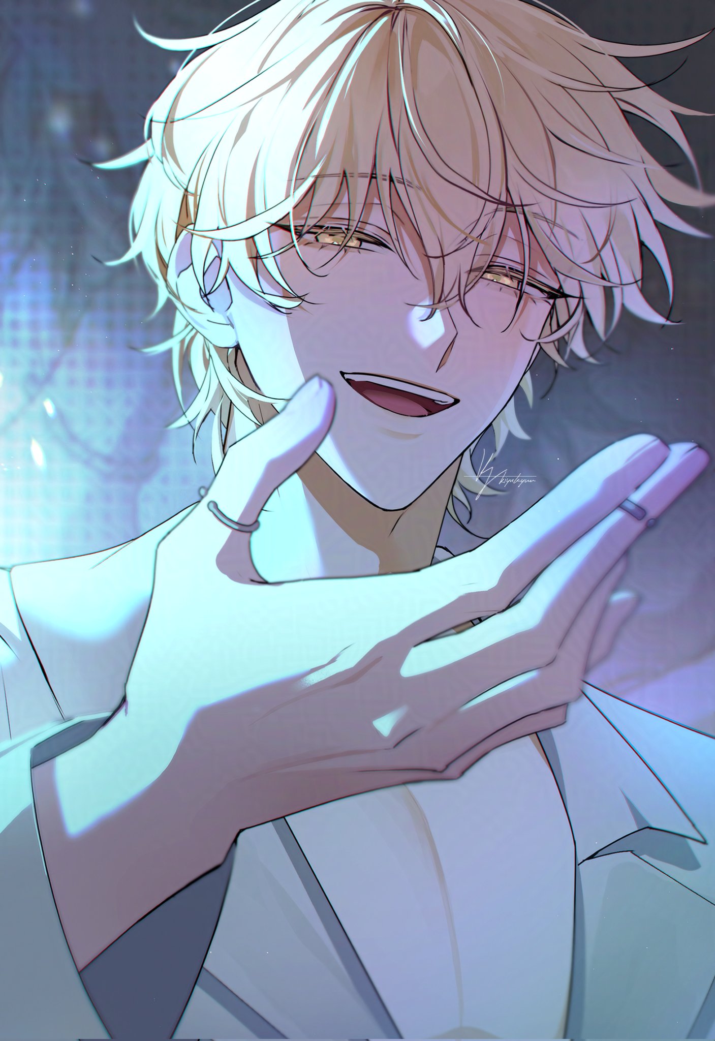1boy, alien_stage, blonde_hair, commentary, corrupted_twitter_file, grey_shirt, hand_up, highres