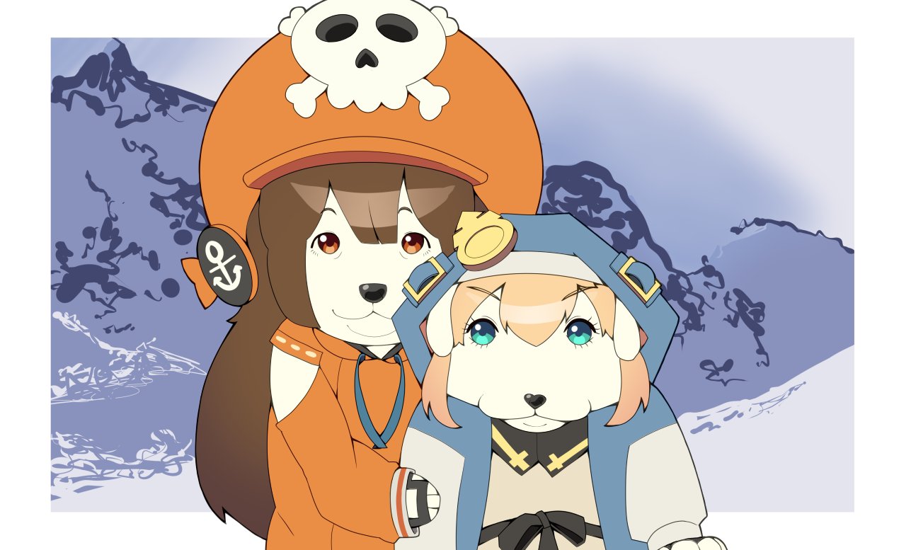 2girls, :3, androgyne_symbol, animal, animal_focus, animalization, blonde_hair, border, bridget_(guilty_gear), brown_hair, clothed_animal, commentary, dog, guilty_gear, guilty_gear_strive, hat, hood, hood_up, hug, jotchua_(meme), long_hair, looking_at_viewer, may_(guilty_gear), meme, mountain, n0_image, no_humans, orange_hat, photo-referenced, puppy, smile, white_border