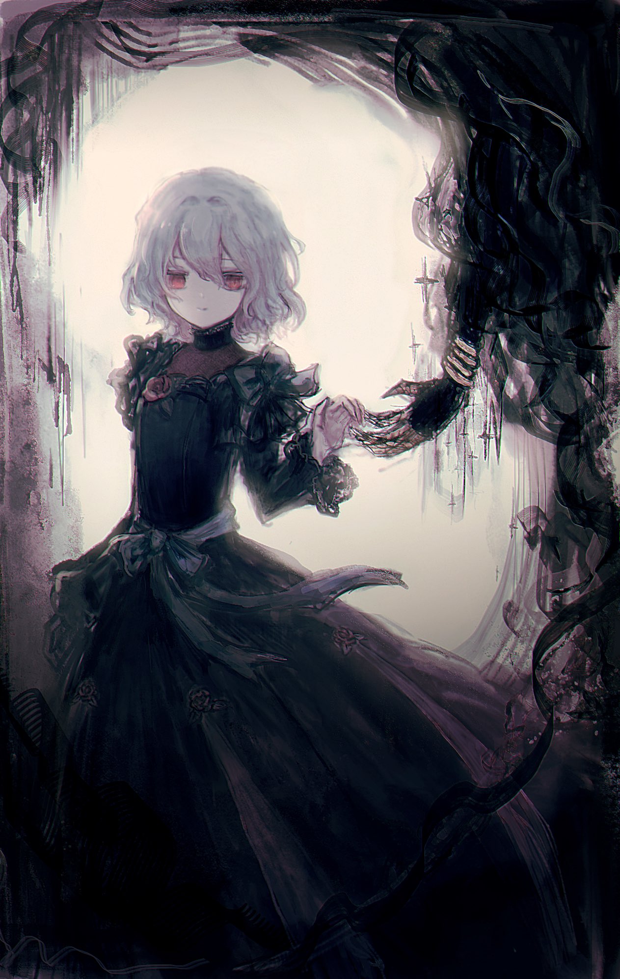 1girl, black_dress, bracelet, chloe_d'apchier, dress, hair_between_eyes, hashtag-only_commentary, high_collar, highres, jewelry, long_dress, long_sleeves, red_eyes, short_hair, sonambulista, vanitas_no_carte, white_hair