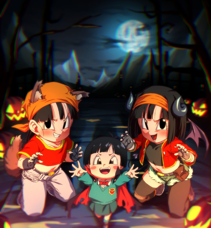3girls, animal_ears, bandana, belt, black_eyes, black_hair, blurry, bob_cut