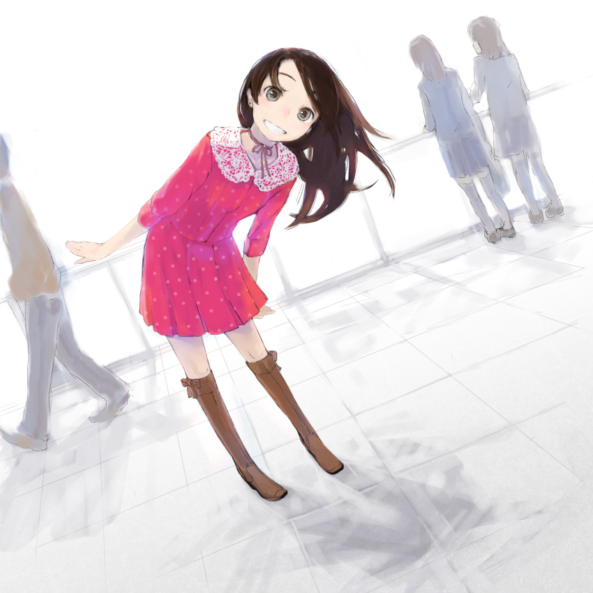 boots, brown_eyes, brown_hair, casual, character_request, copyright_request, dress, dutch_angle