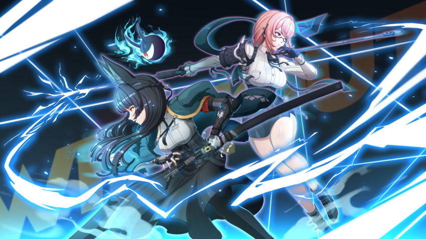 2girls, absurdres, animal_ears, black_gloves, black_hair, black_skirt, blunt_bangs, closed_mouth