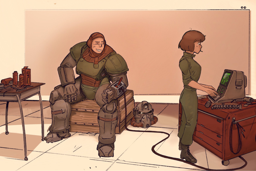 1boy, 1girl, armor, boots, brotherhood_of_steel, brotherhood_of_steel_paladin, cable, clenched_hand