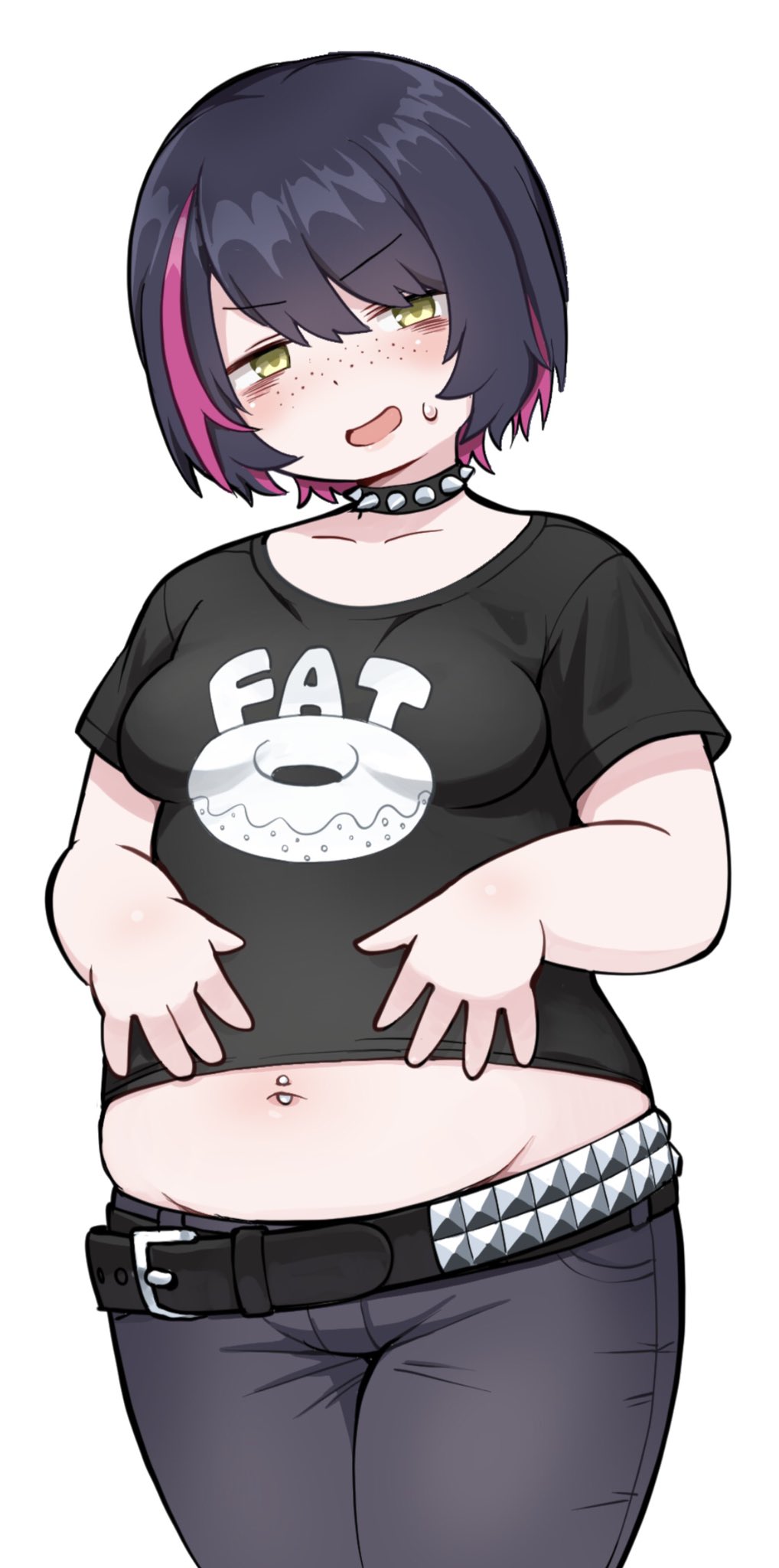 1girl, belt, black_belt, black_hair, blush, breasts, collar, collarbone, colored_inner_hair, denim, doughnut, fat, food, freckles, green_eyes, hagui_hitaki, highres, jeans, marui_mao, medium_breasts, multicolored_hair, navel_piercing, pants, piercing, pink_streaks, short_hair, spiked_collar, spikes, sweat, tonari_no_figure_genkeishi