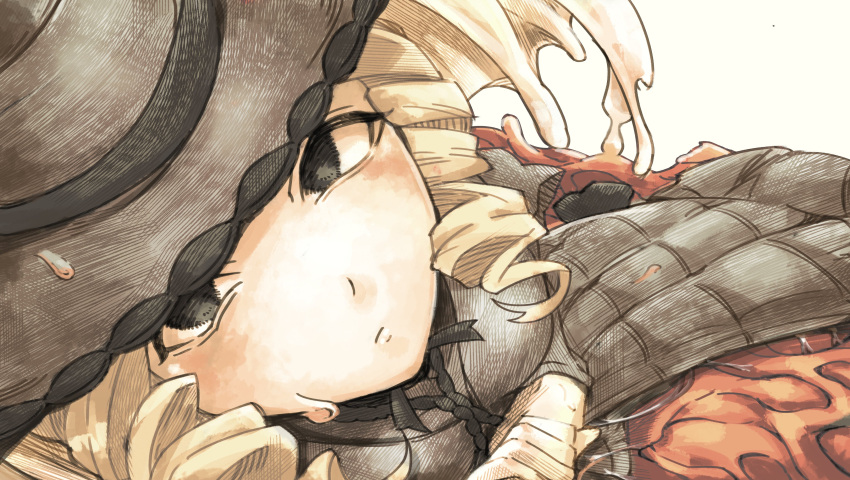 1girl, absurdres, back_ribbon, black_eyes, blonde_hair, breasts, brown_capelet, brown_dress