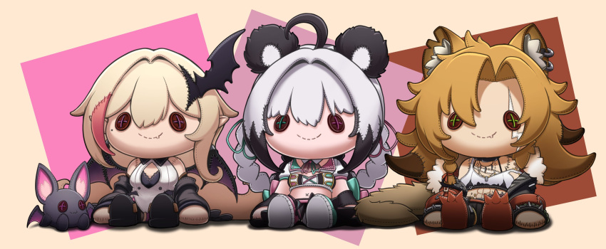 3girls, absurdres, ahoge, animal_ear_fluff, animal_ears, black_hair, black_pants, black_shoes
