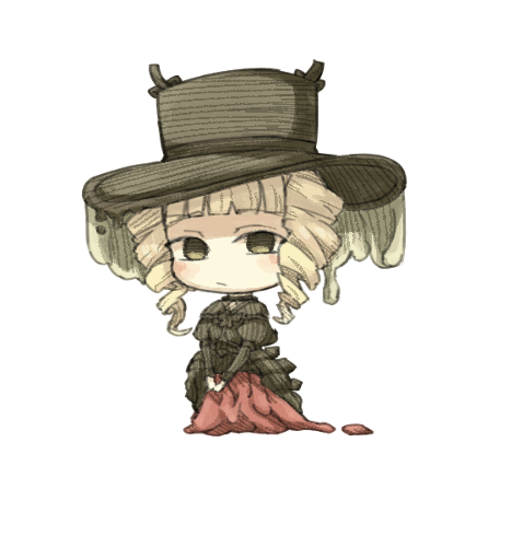 1girl, back_ribbon, black_eyes, blonde_hair, blush, brown_capelet, brown_dress, brown_hat