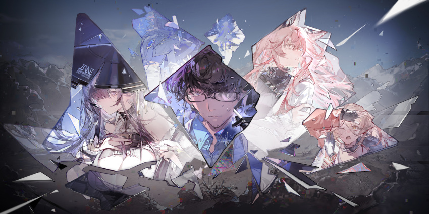 1boy, 3girls, absurdres, animal_ears, black_hair, black_sweater, blue_shirt, broken_glass
