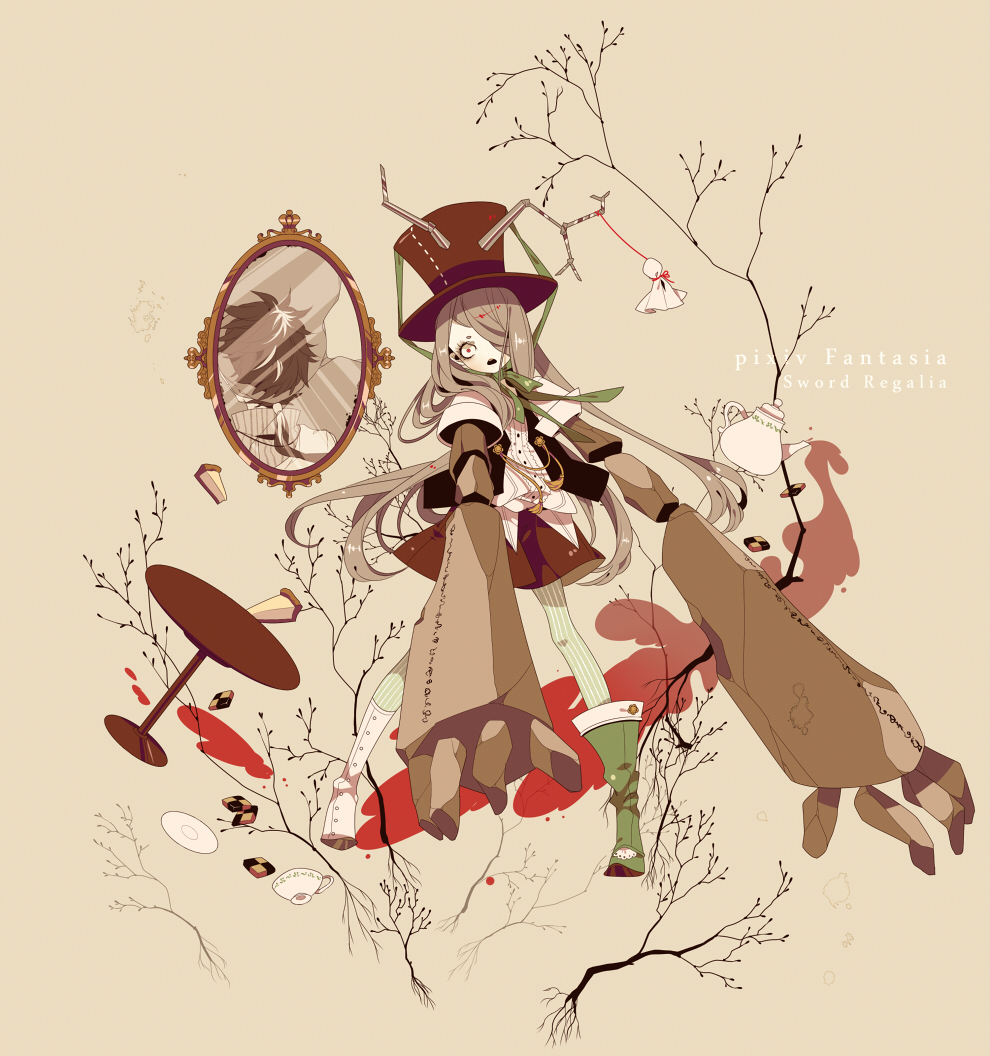 1boy, androgynous, antlers, asymmetrical_footwear, black_vest, boots, branch, broken_mirror