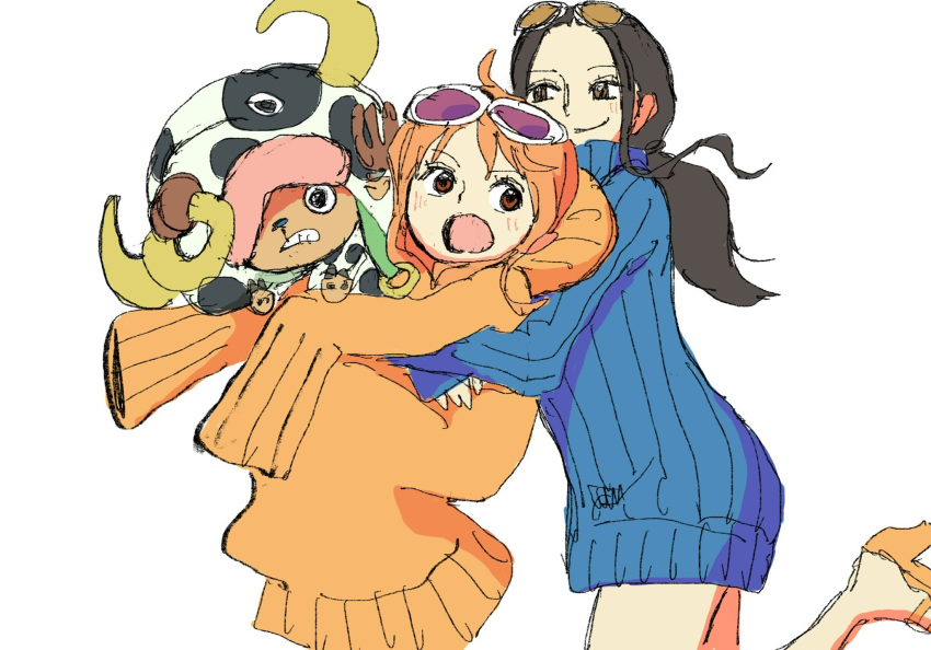 1boy, 2girls, black_hair, dress, eyewear_on_head, highres, hug, hug_from_behind